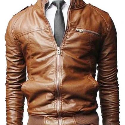 Handmade Custom New Men Slim Fit Stylish Rib Collar Leather Jacket, Men ...