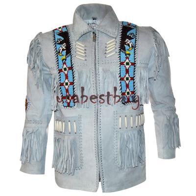 Handmade New Men White Leather Western Cowboy Jacket With Fringe, Bone and Beads